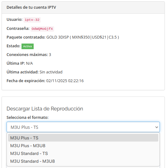 Captura del área de cliente XUI ONE IPTV